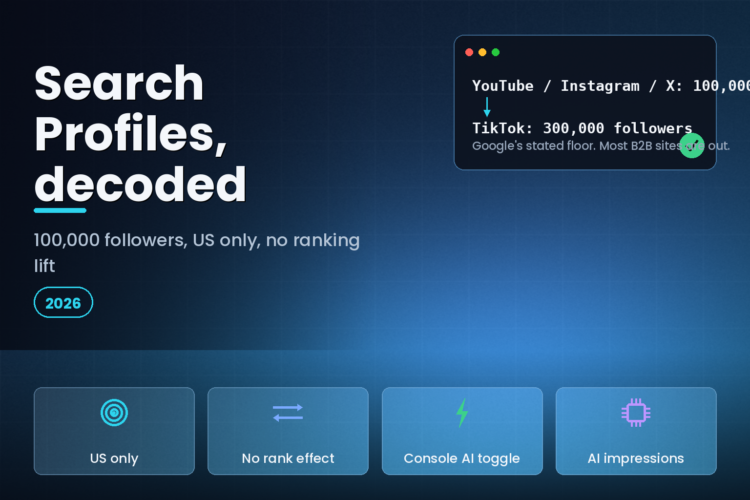 Hero graphic listing Google Search Profile follower thresholds and the new Search Console AI controls