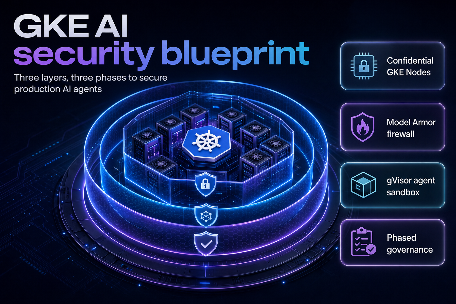 Isometric illustration of a secured cluster shielding GPU-backed AI agent workloads