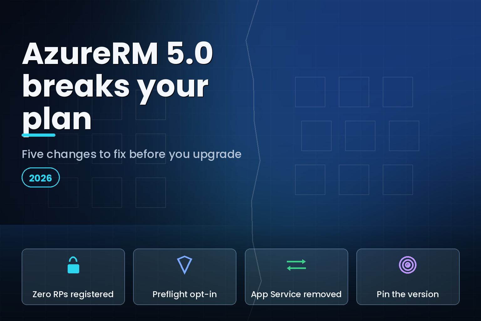 Terraform AzureRM 5.0 upgrade hero showing five breaking changes for Azure infrastructure as code