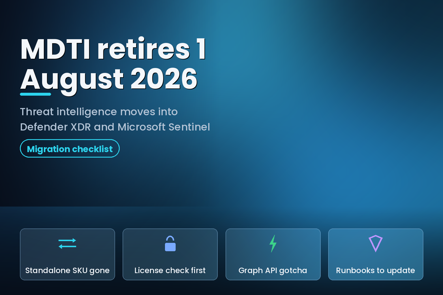 Dark blue hero graphic reading MDTI retires 1 August 2026 with four migration checklist tiles
