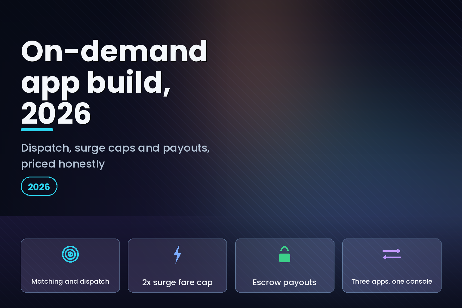 On-demand app build 2026: dispatch, surge caps and escrow payouts
