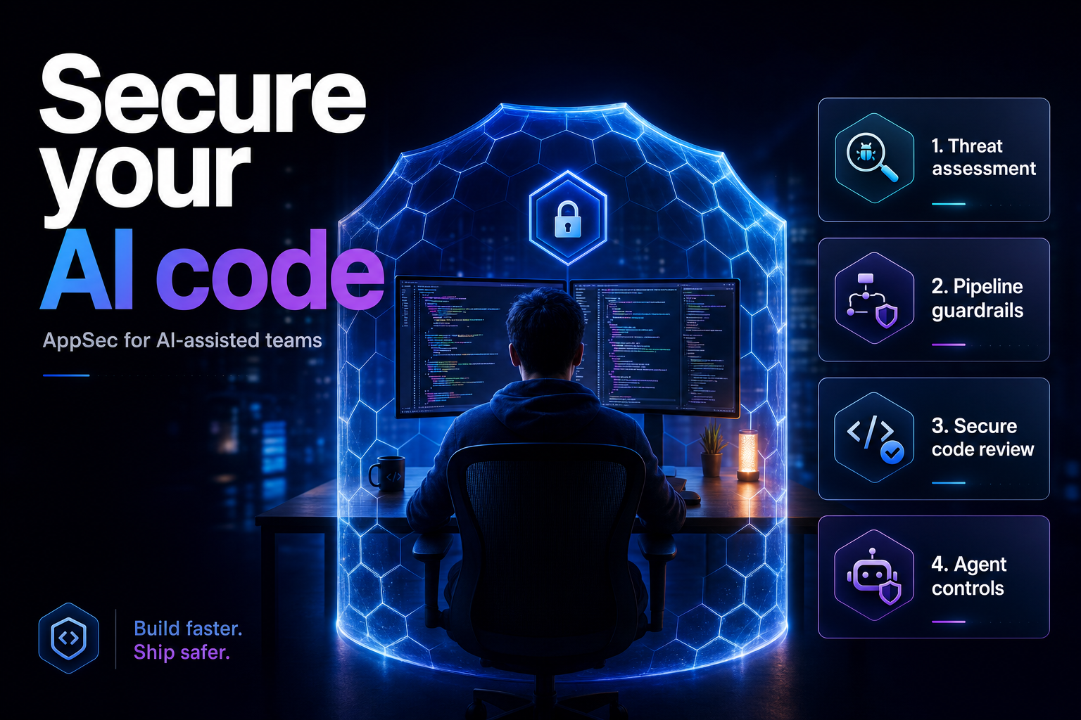 Developer workstation wrapped in a glowing protective shield lattice at night