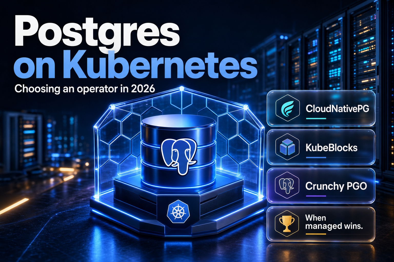 A database cylinder inside a glowing hexagonal container lattice representing Postgres on Kubernetes