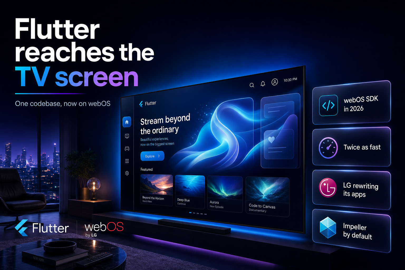 A TV glowing with abstract app UI in a dark living room