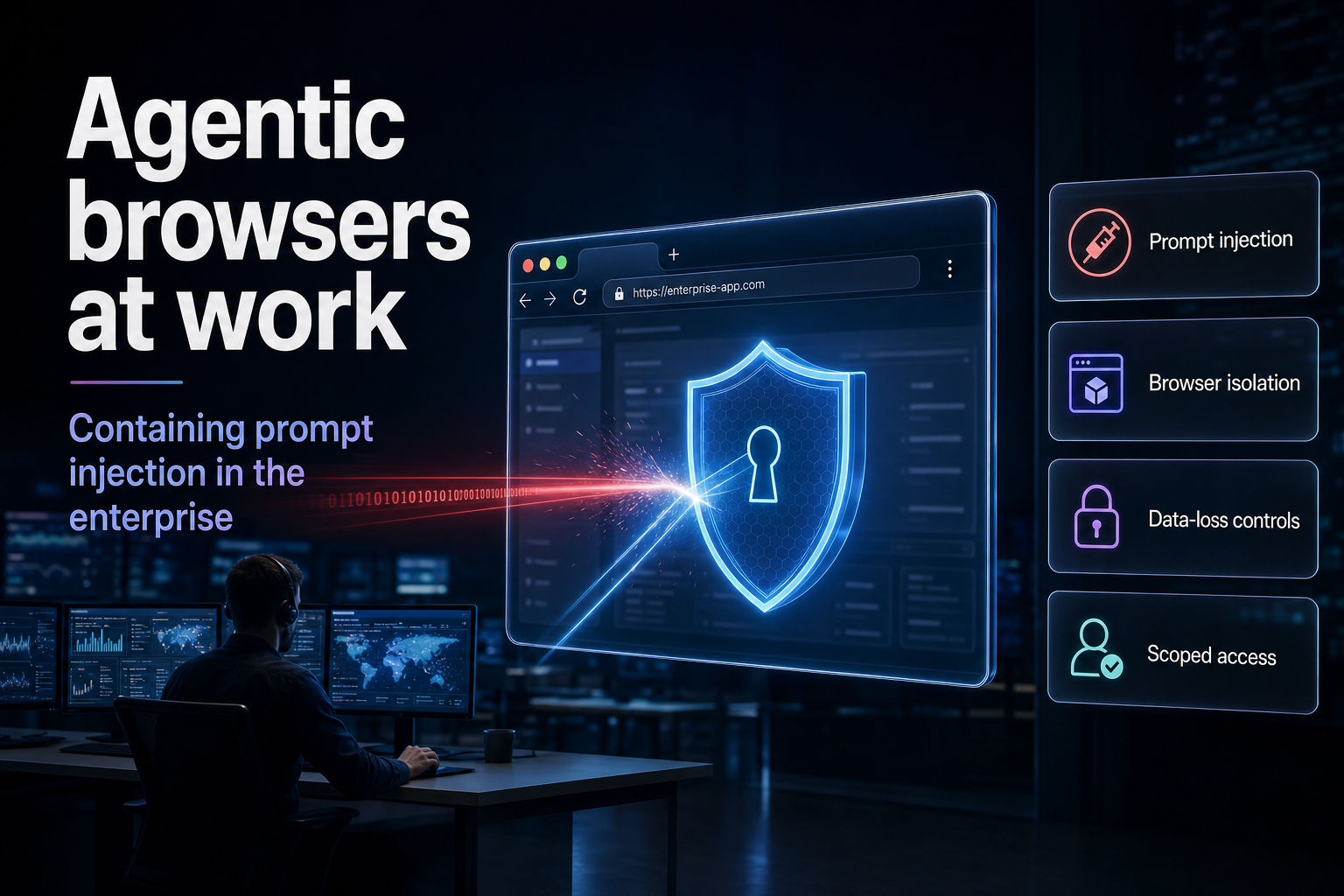 Browser window in a security operations center with an intrusion beam blocked by a glowing shield