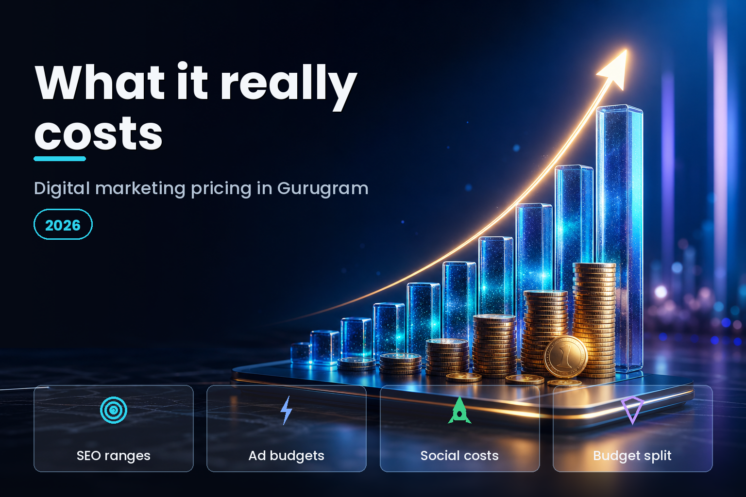 Rising 3D bar chart beside coin stacks and a glowing growth arrow