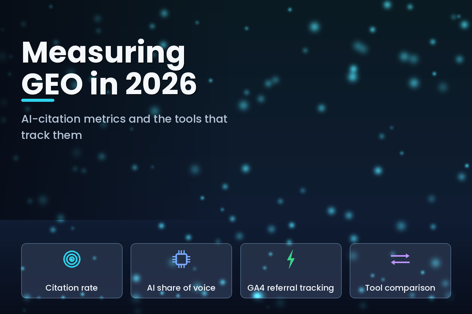 Abstract dashboard of glowing AI-search citation metrics on a dark surface