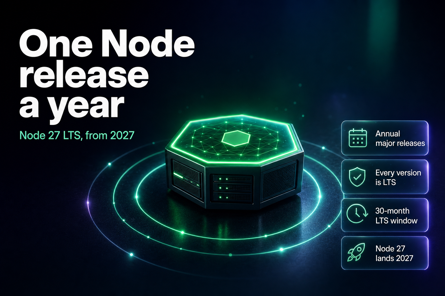 A glowing green hexagonal server module on a dark studio surface ringed by concentric light arcs