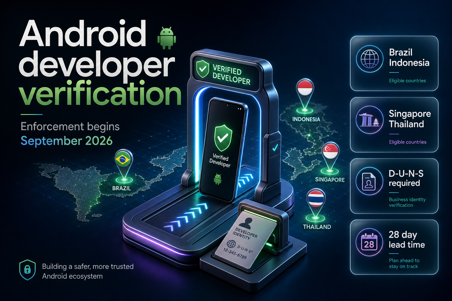 Isometric illustration of a smartphone passing through a developer identity verification gate