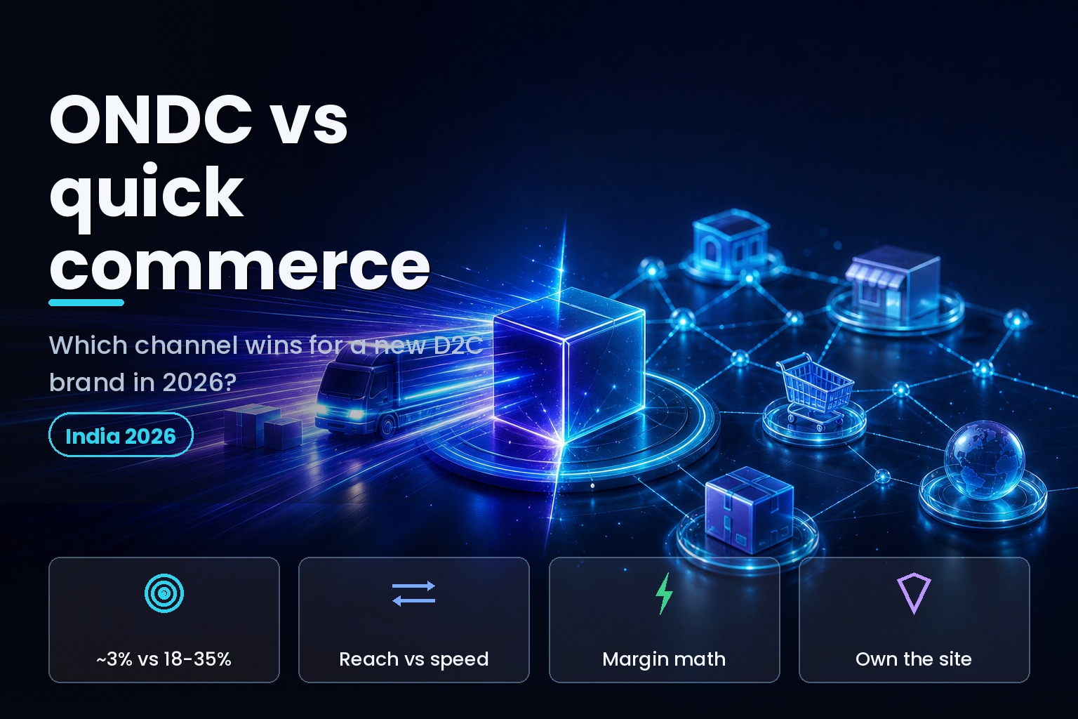 Split scene contrasting a fast delivery motif with an open commerce network on dark background