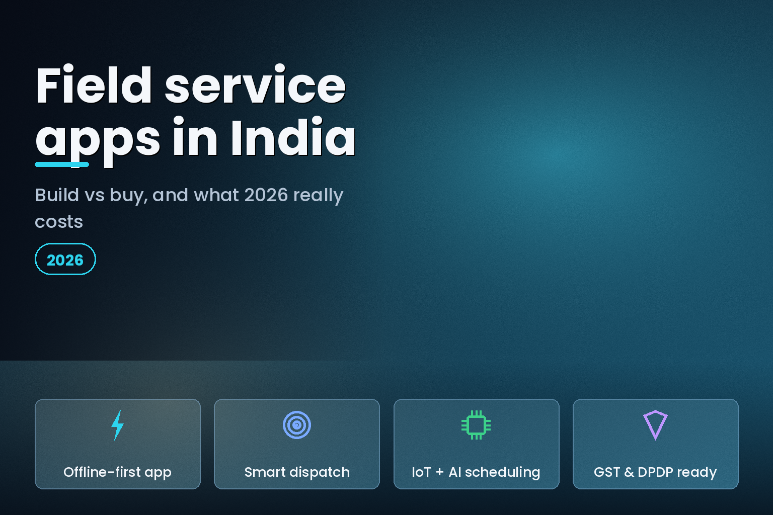 Illustration of a field service app with dispatch routes and a mobile technician workflow.