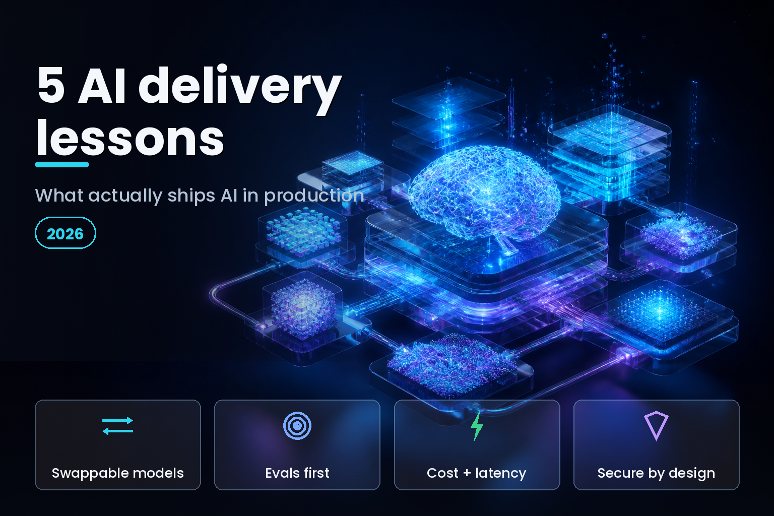 Glowing modular AI system architecture with connected nodes on a dark background