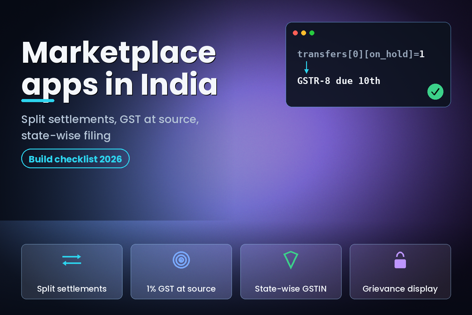 Marketplace apps in India: split settlements, 1% GST at source, state-wise GSTIN, grievance display