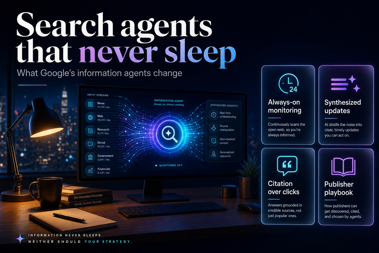 Empty desk at night with a monitor stacking incoming data into one summary panel