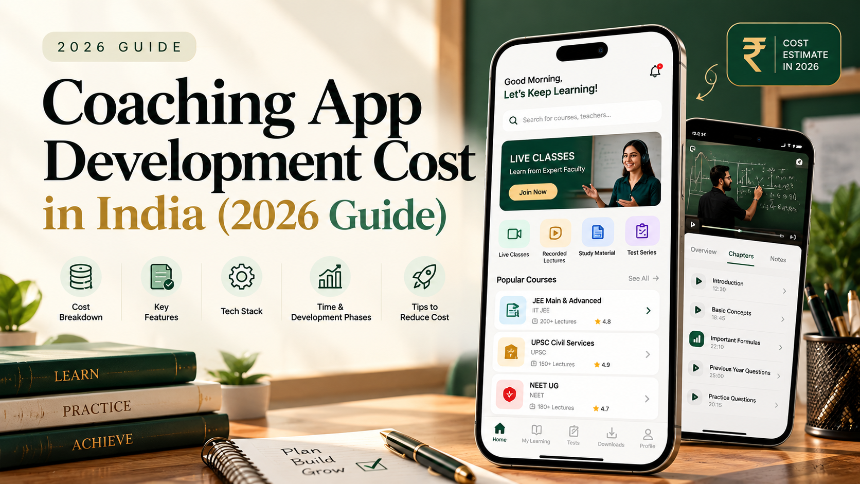 Title card for a coaching app cost guide, with a phone showing a live class, lesson rows and a fee payment bar.