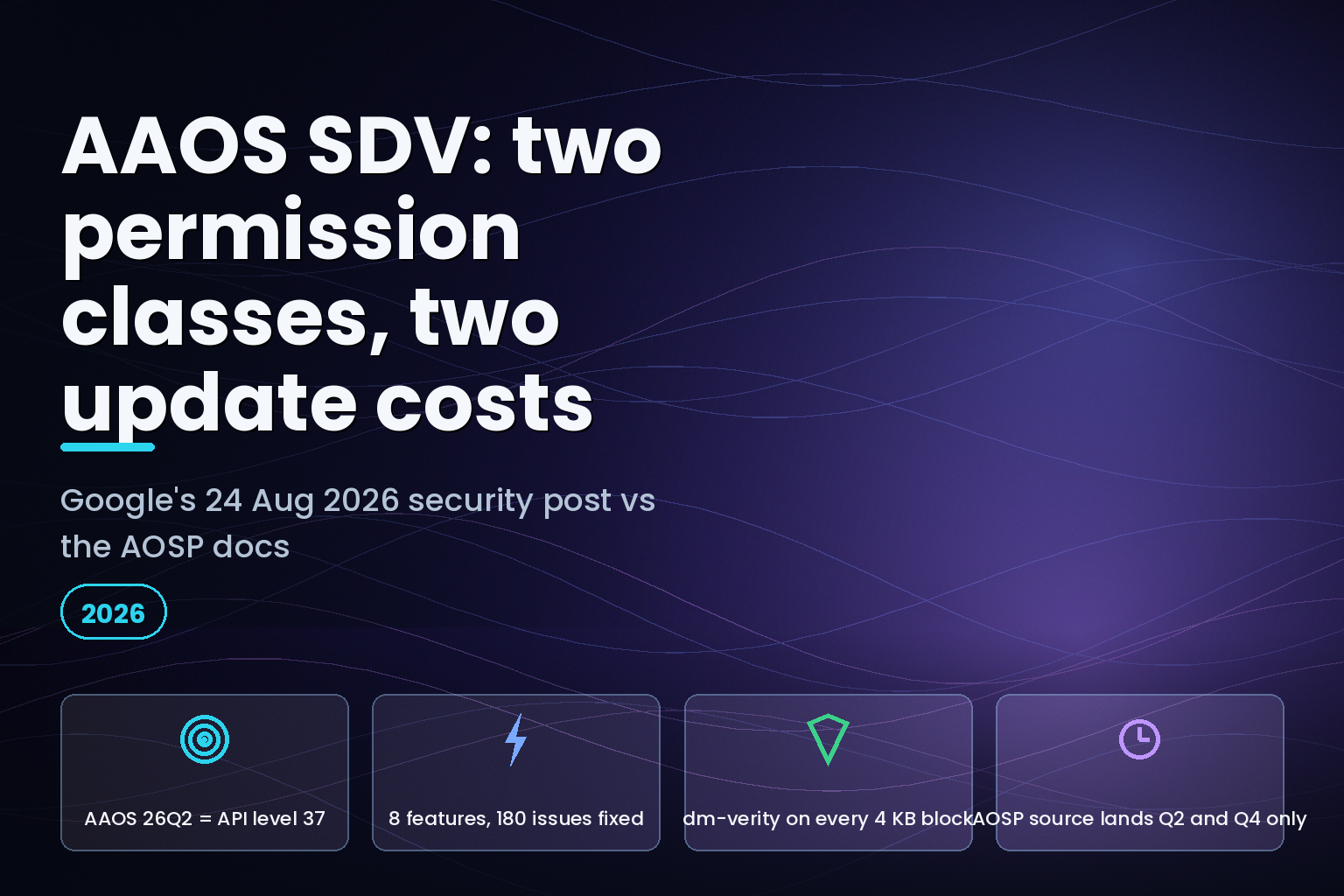 AAOS SDV permission layers: API level 37, 180 issues fixed, dm-verity per 4 KB block, AOSP source in Q2 and Q4
