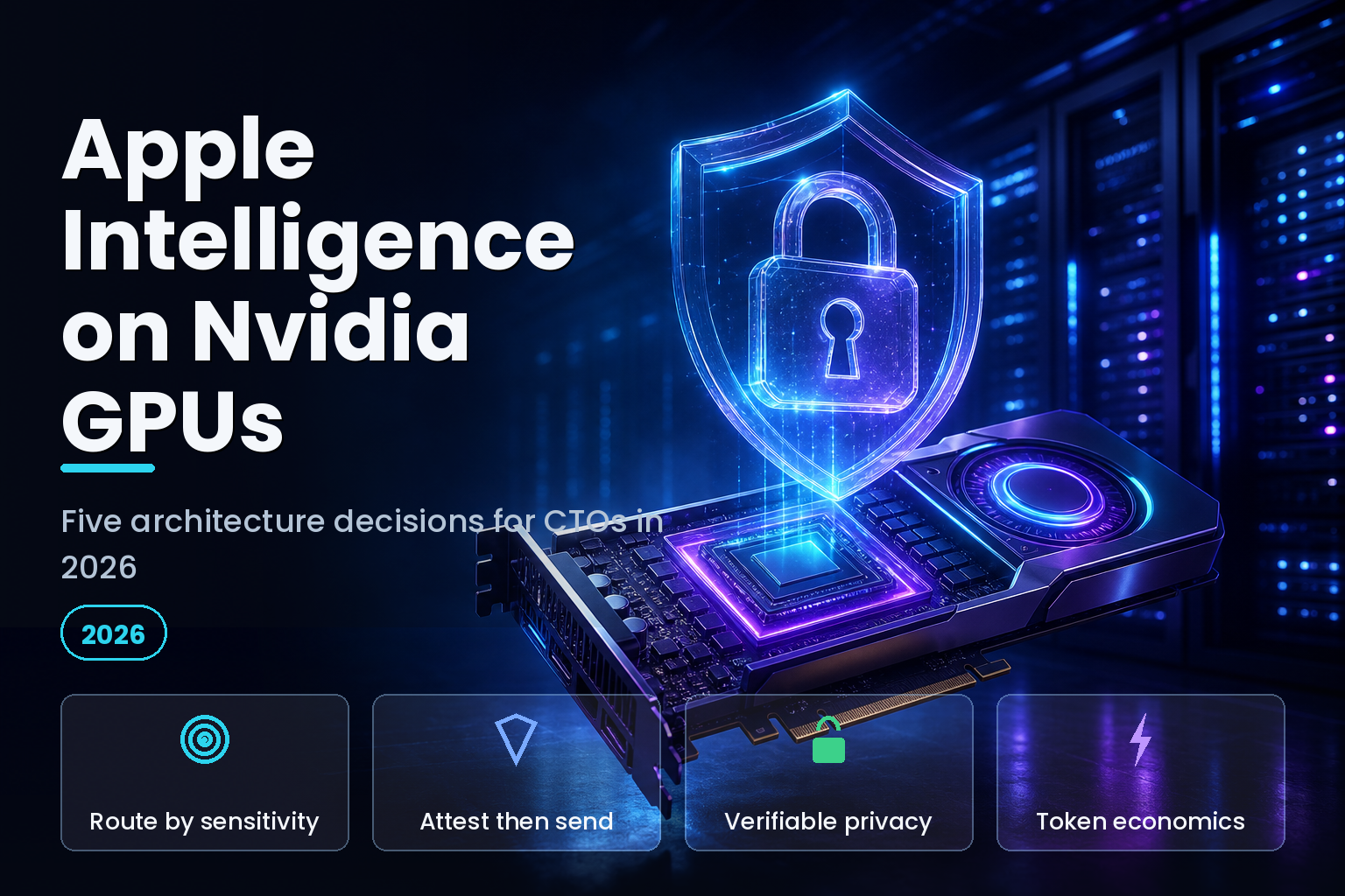 Glowing GPU server board with light-formed lock and shield motifs in a dark data center