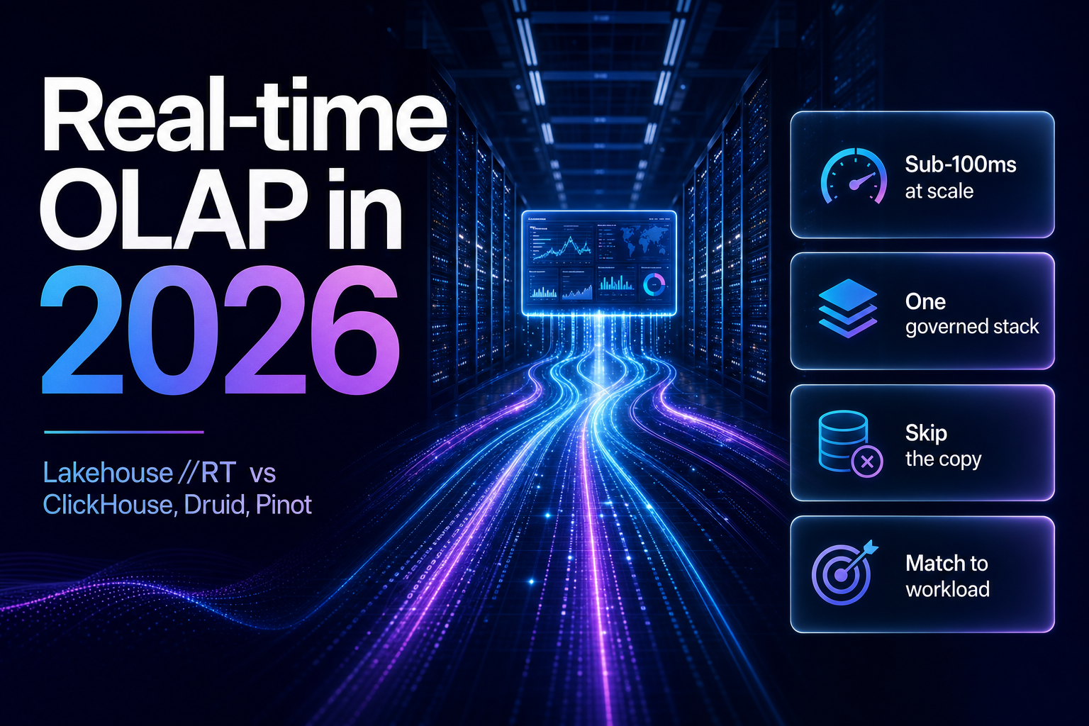 Streaming data trails converging into a single glowing analytics dashboard console