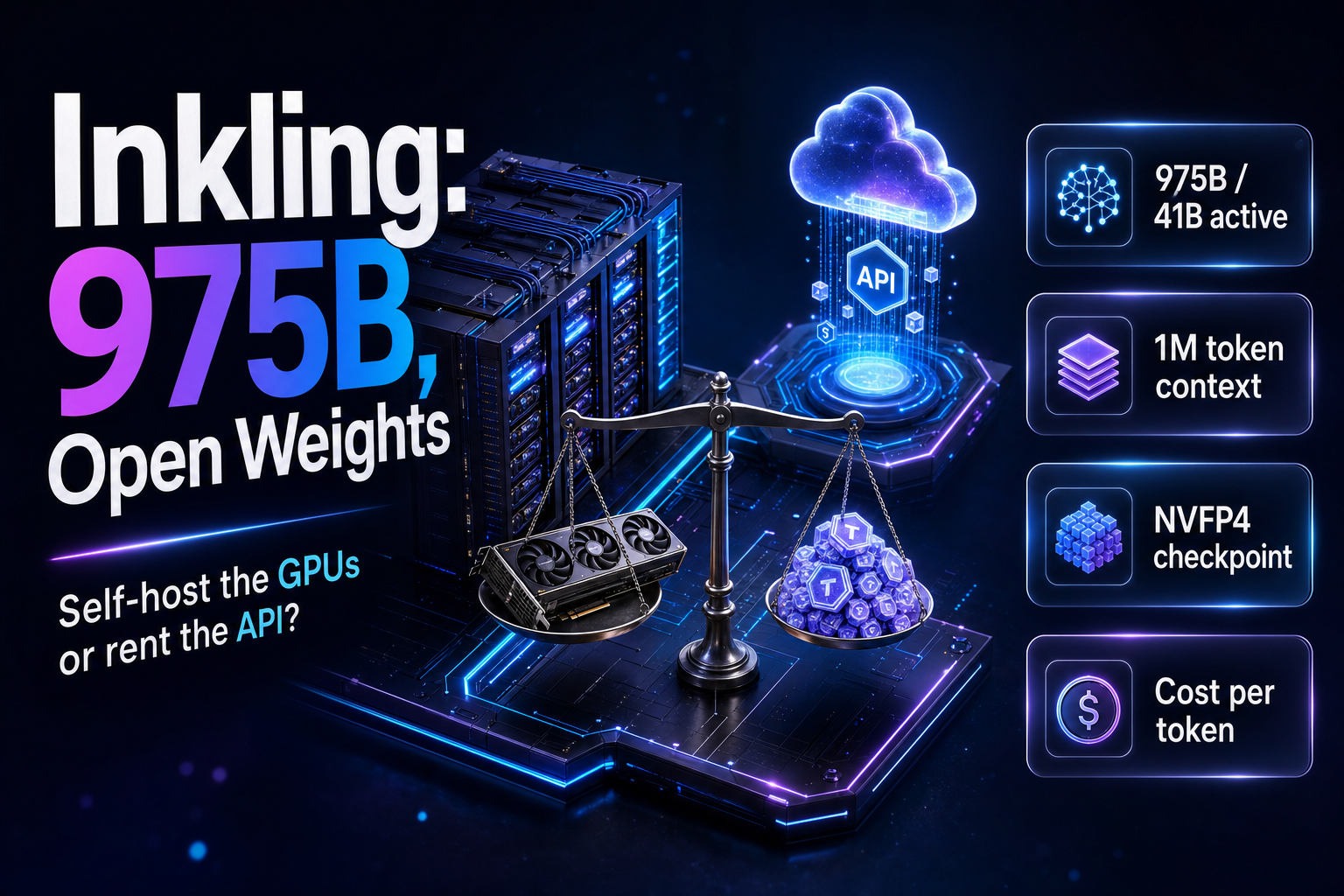 Isometric illustration comparing a rack of GPU servers against a cloud API endpoint on a balance scale