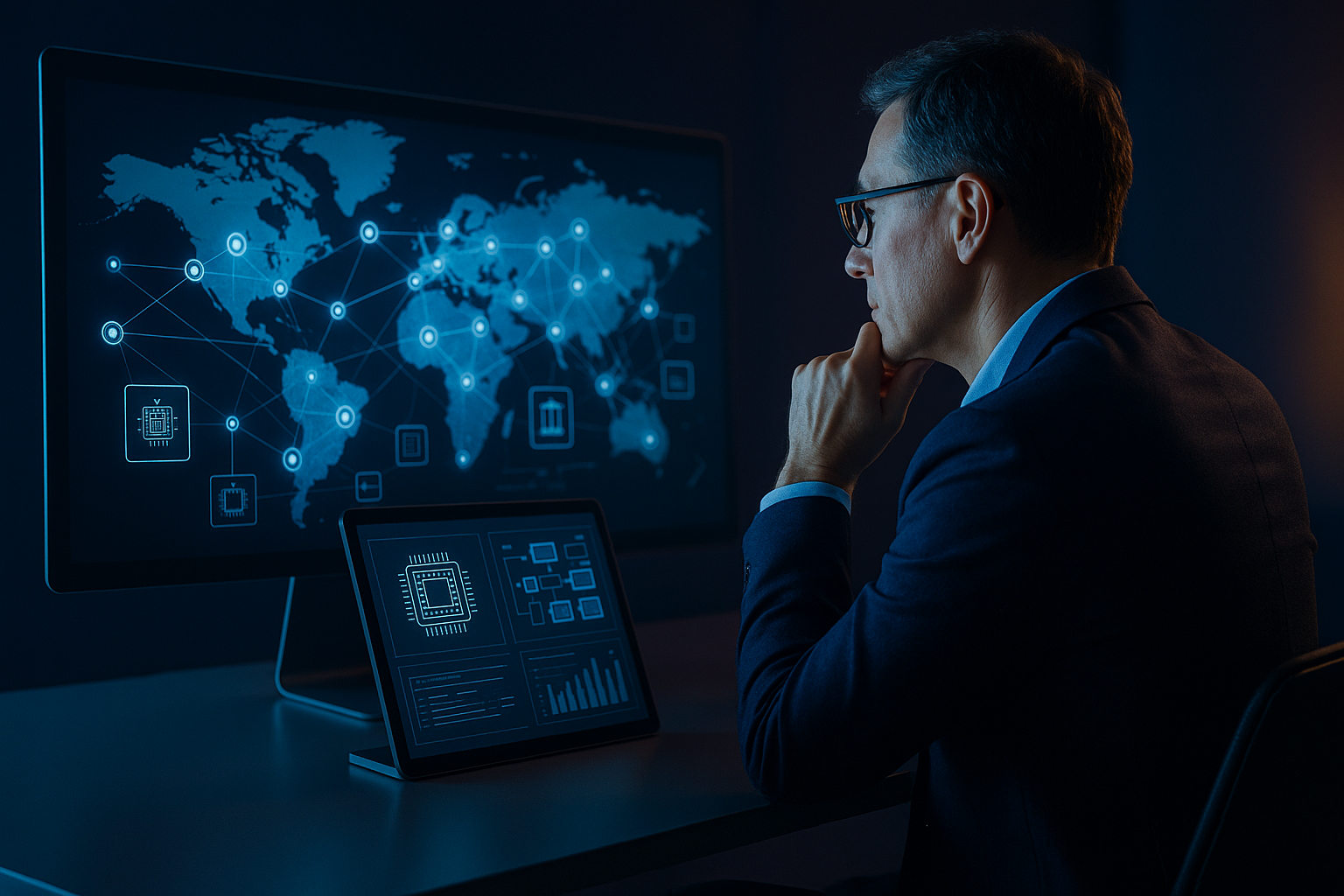Corporate compliance workspace with digital regulatory dashboards and global network visualization