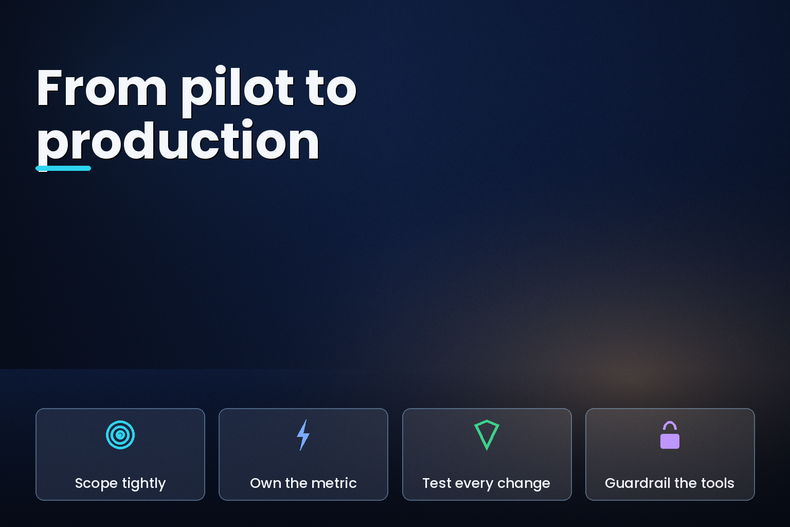 An AI agent illustration moving from a small glass sandbox into a production line
