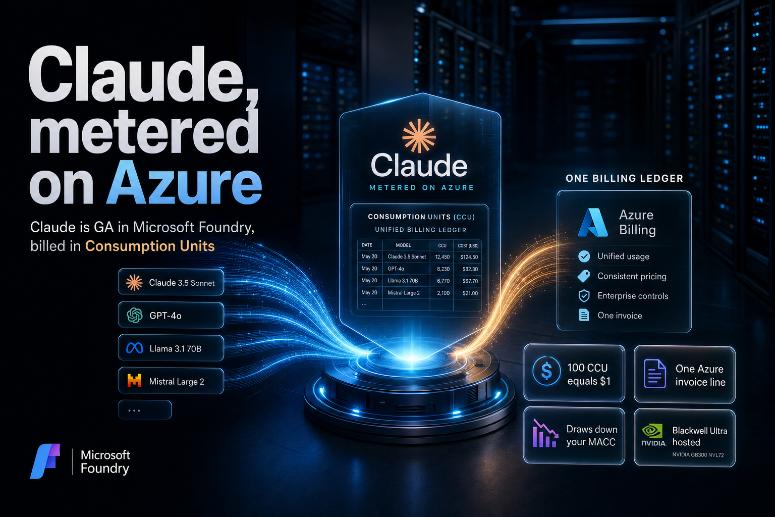 Cloud control-plane hub with two light streams feeding a single billing ledger