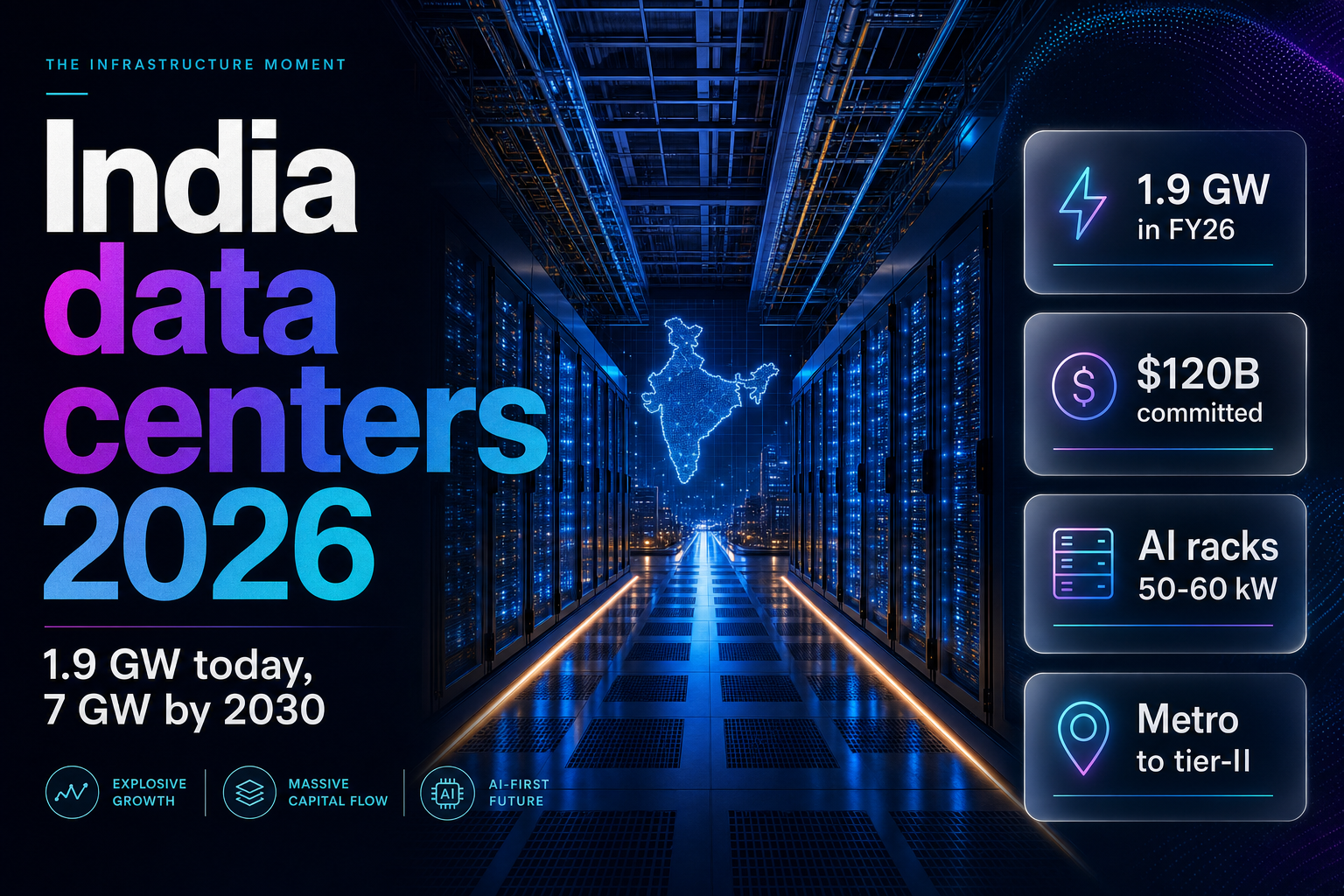 Data-center server hall with glowing racks representing India AI infrastructure buildout