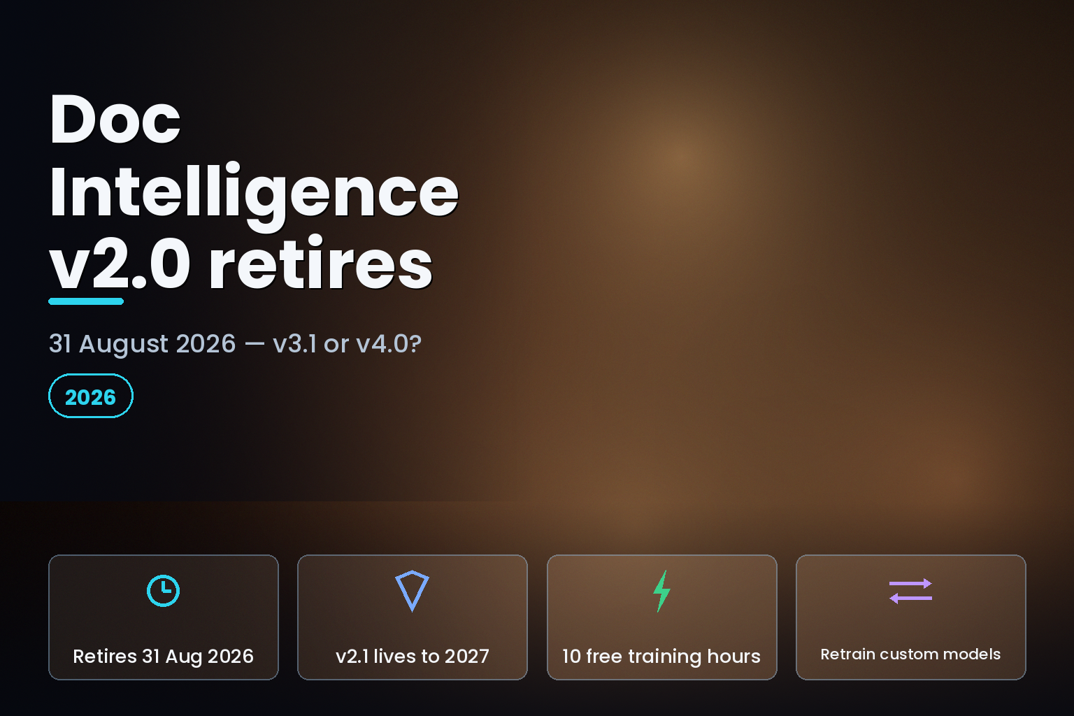 Azure Document Intelligence v2.0 retirement timeline showing the 31 August 2026 cutover date