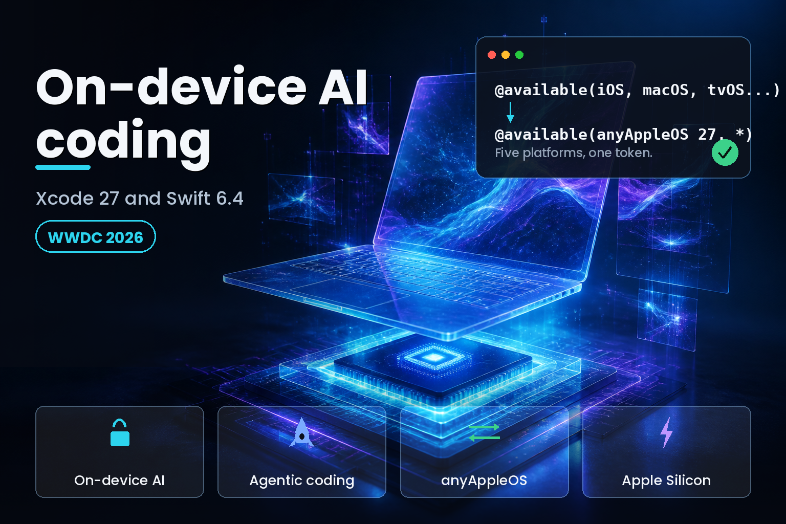 3D glowing laptop with a luminous neural chip and floating code panels on a dark background