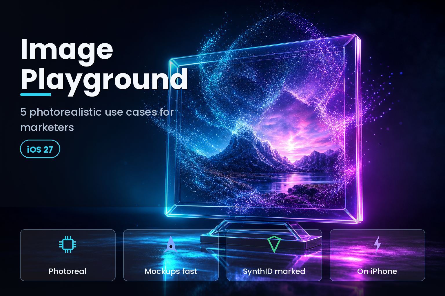 Glowing 3D frame with particles forming an abstract photorealistic scene