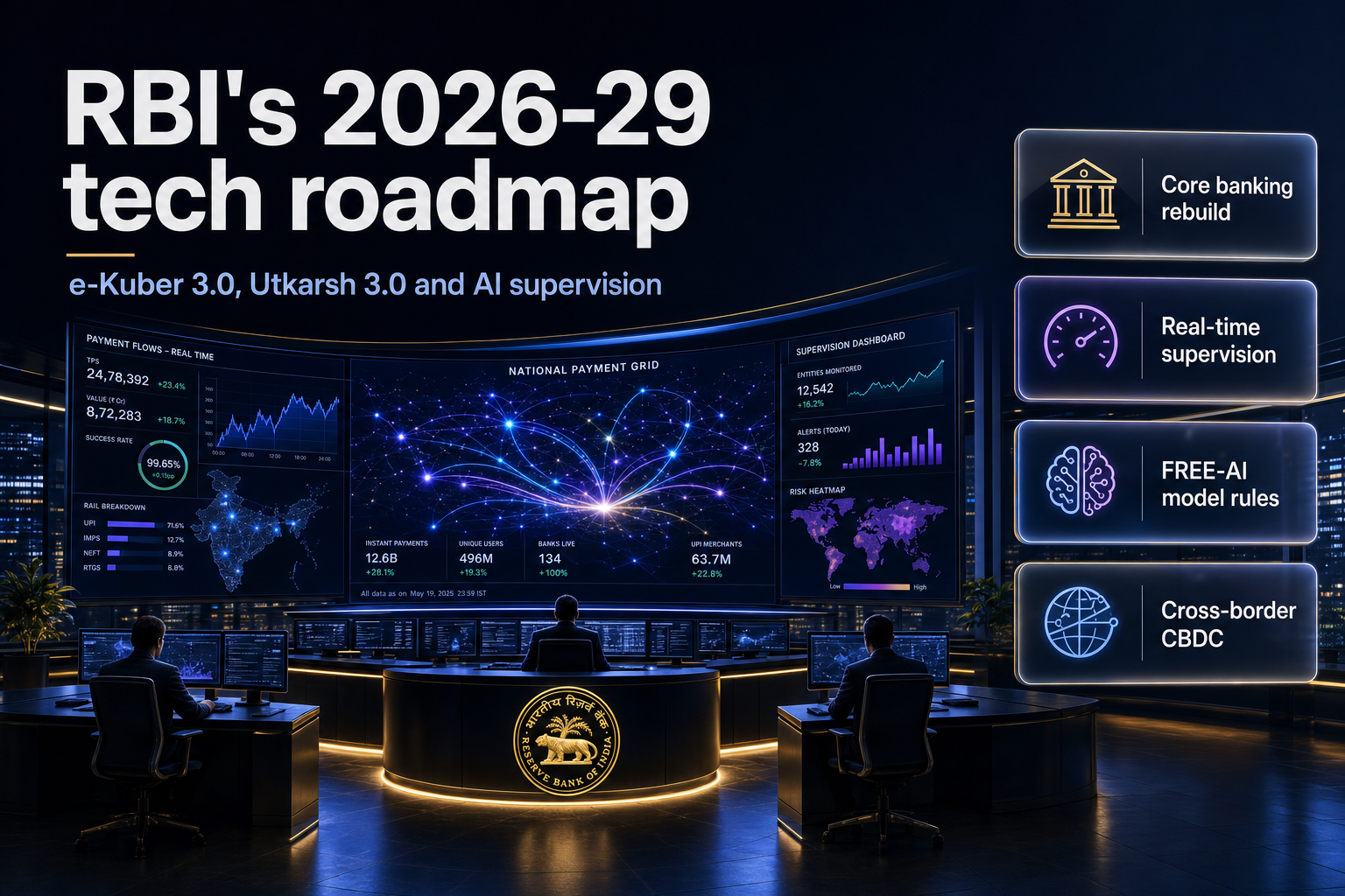 Central-bank operations centre with glowing payment-flow dashboards
