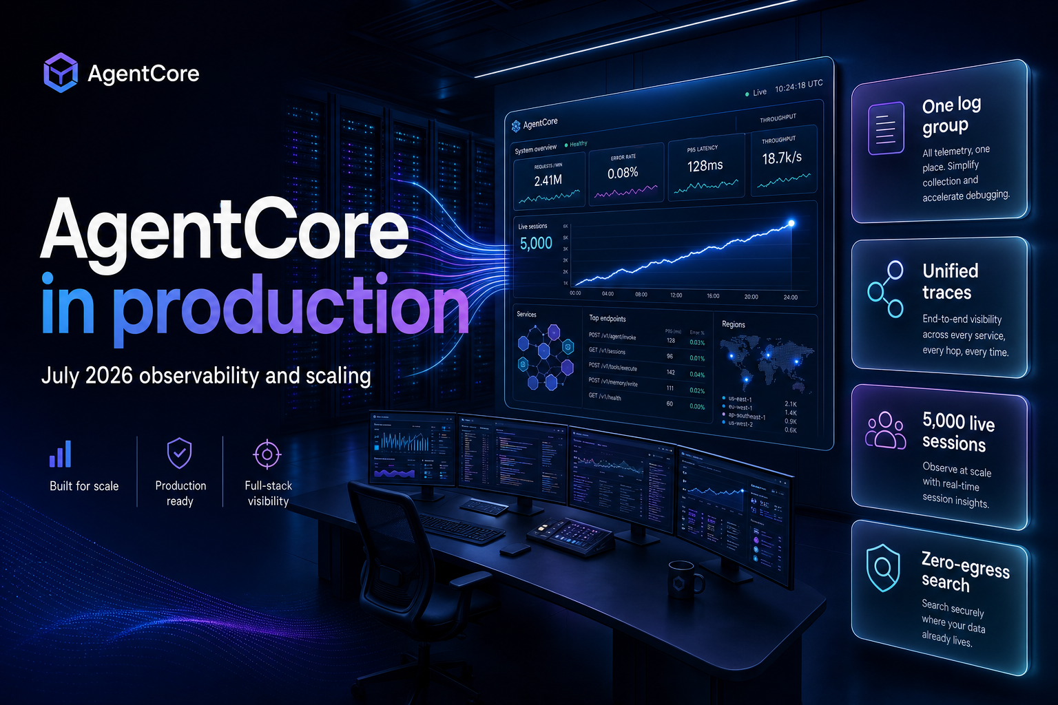 Data-center control room with telemetry streams converging into a single monitoring panel