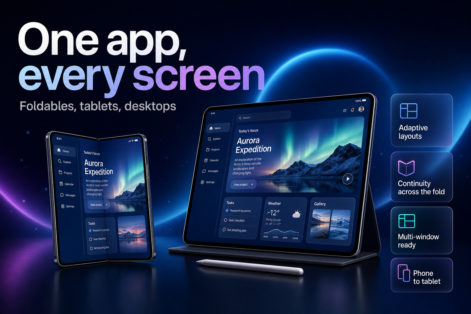 A single app interface reflowing across a foldable phone and a tablet on a studio surface