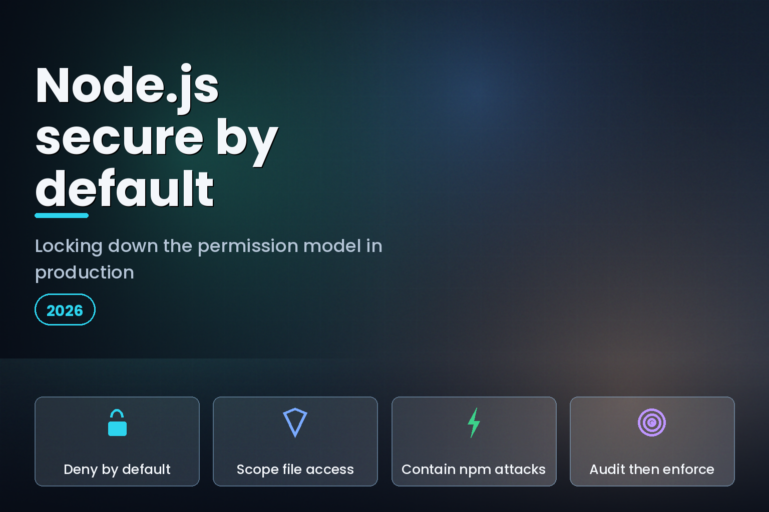 Node.js permission model hardening concept with padlock and shield motifs