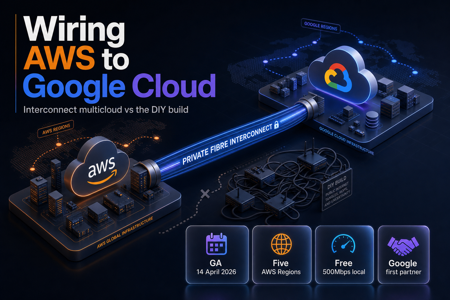 Isometric illustration of AWS and Google Cloud linked by a private fibre trunk, bypassing a tangle of DIY routers