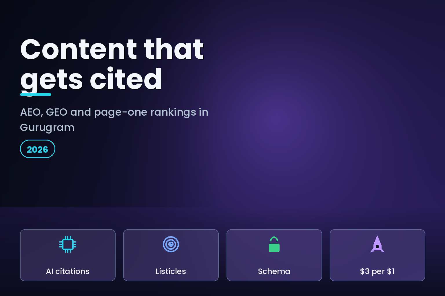 Article card quoted into an AI answer panel with chat bubbles on dark navy