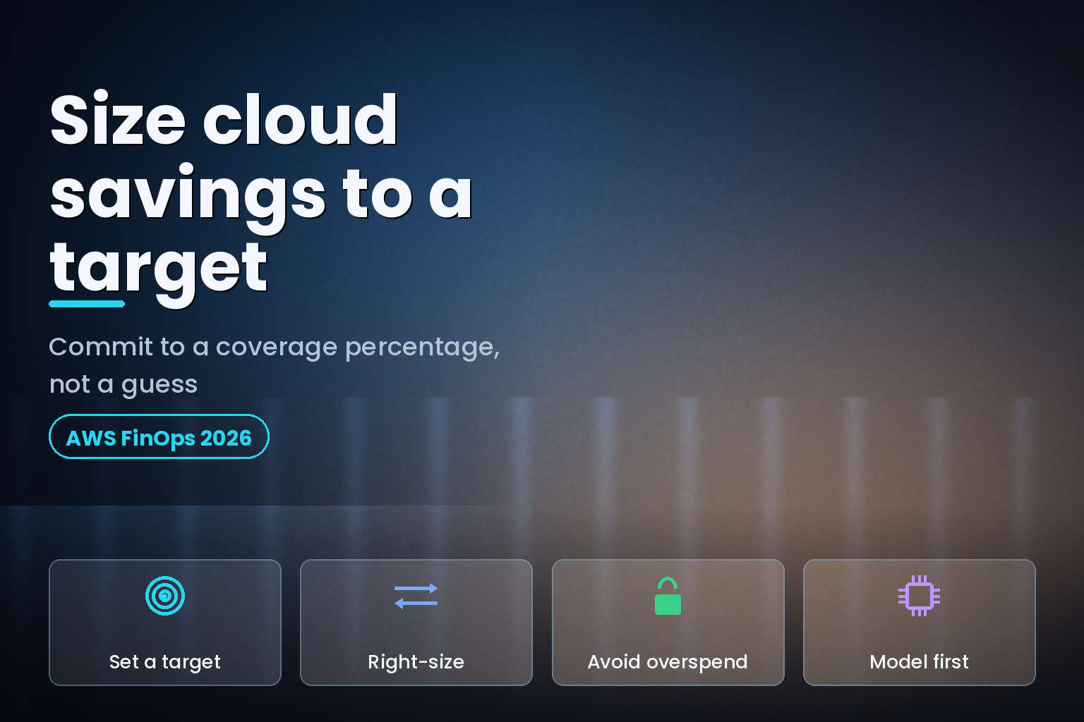 Abstract dark dashboard hero with a target dial and cost-optimization icons for cloud savings
