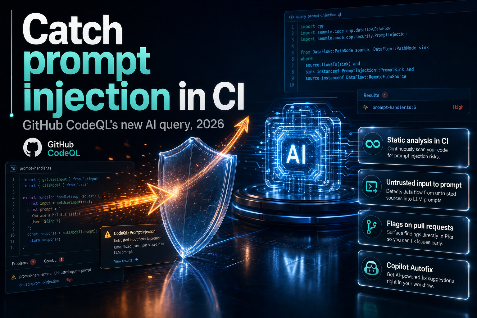 Shield deflecting a glowing arrow from an AI model core over dark code panels