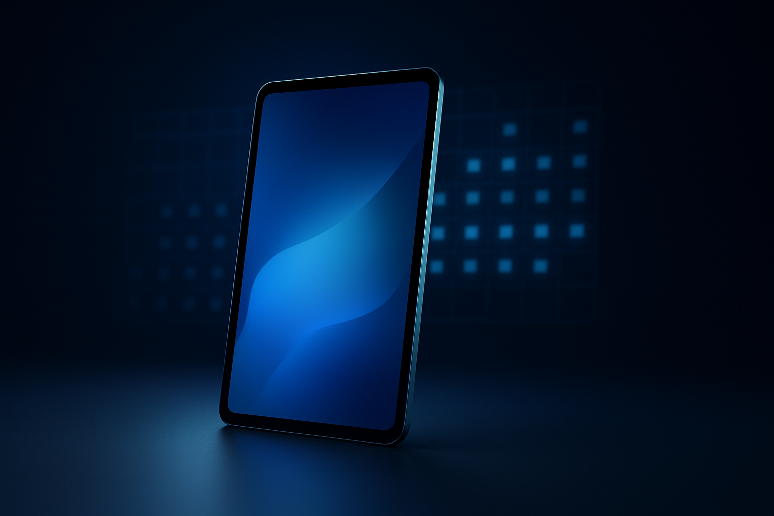 A glowing modern tablet on a dark studio surface lit with cool blue light