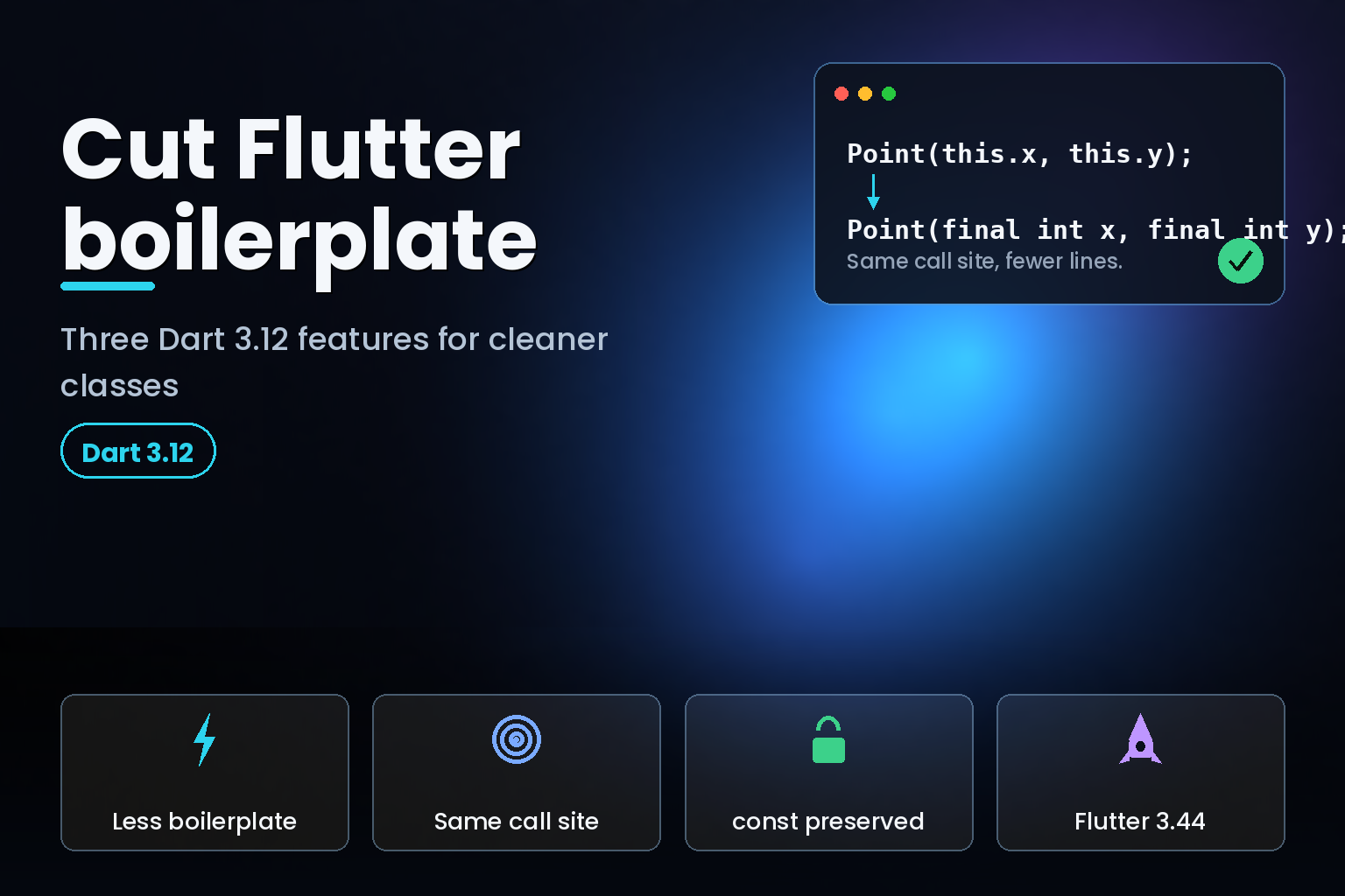 Abstract glowing code brackets on a dark studio background representing Dart primary constructors