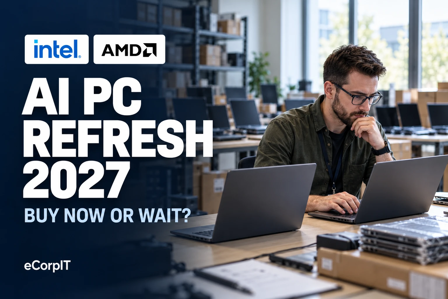Bearded man in glasses and ID lanyard at a laptop on a long desk, rows of laptops and boxes behind, Intel and AMD logos
