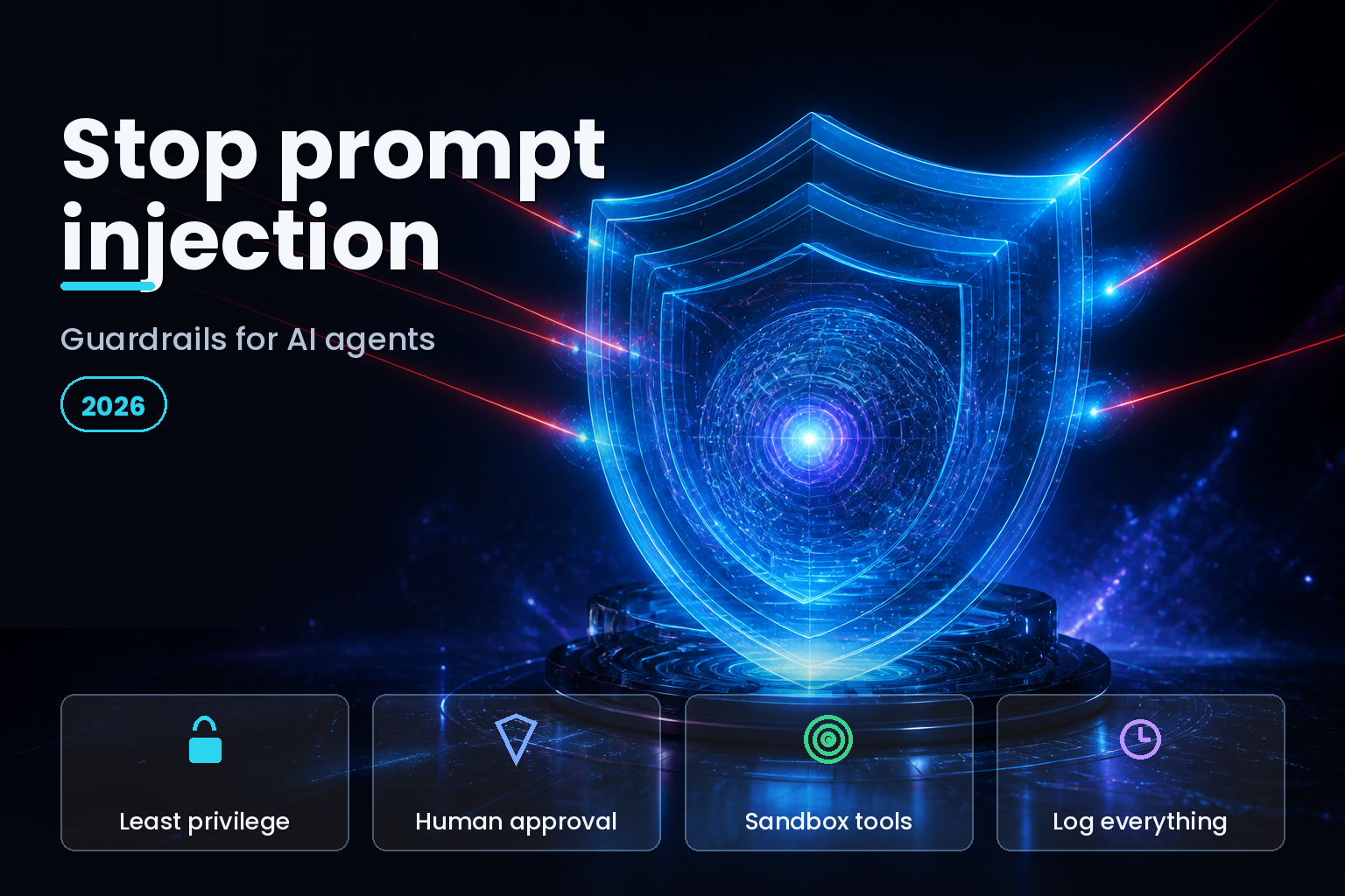 3D glowing shield protecting an AI core orb and deflecting red intrusion rays on a dark background