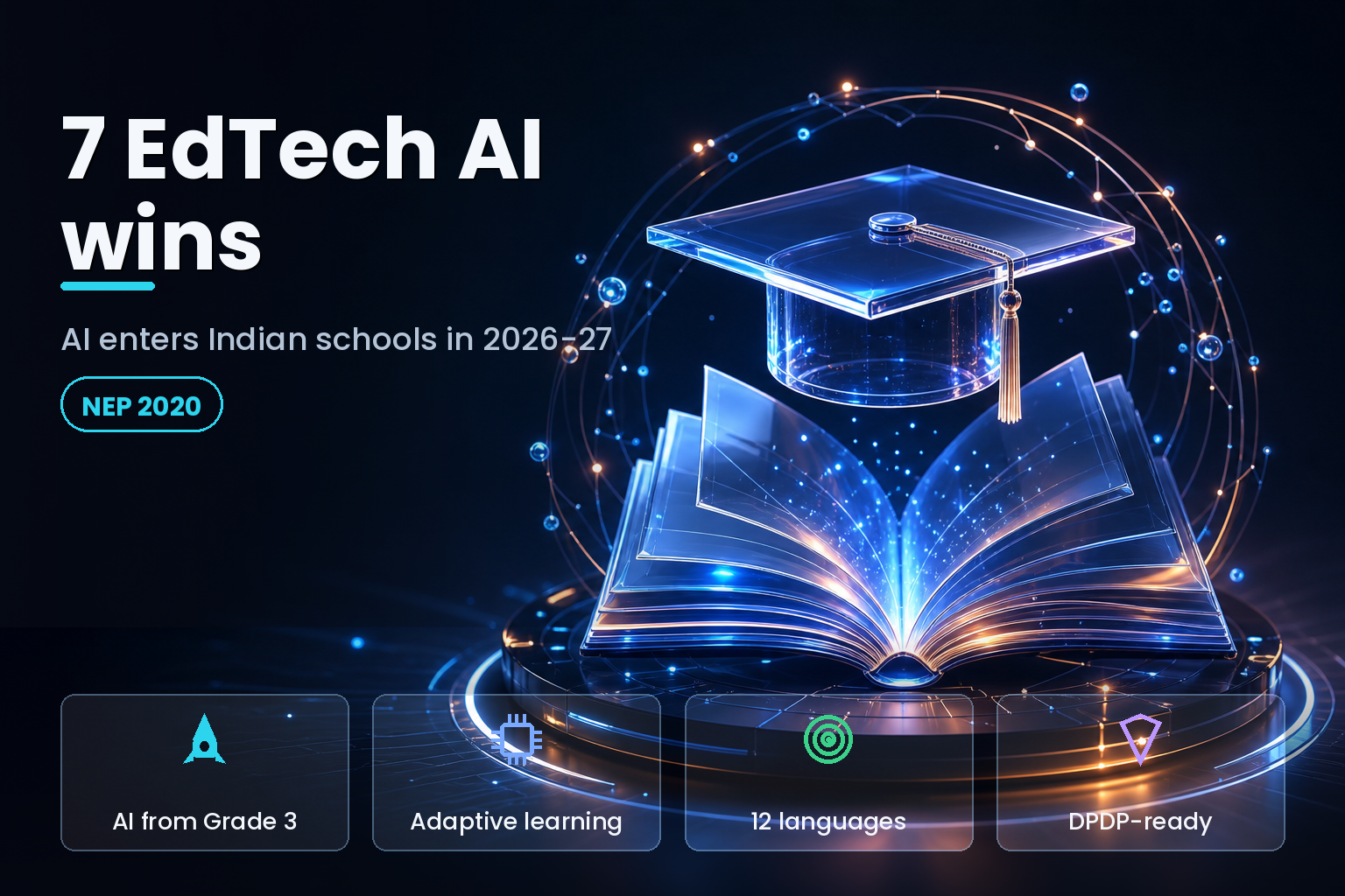 Abstract 3D glowing book and AI nodes symbolising AI in education on a dark surface