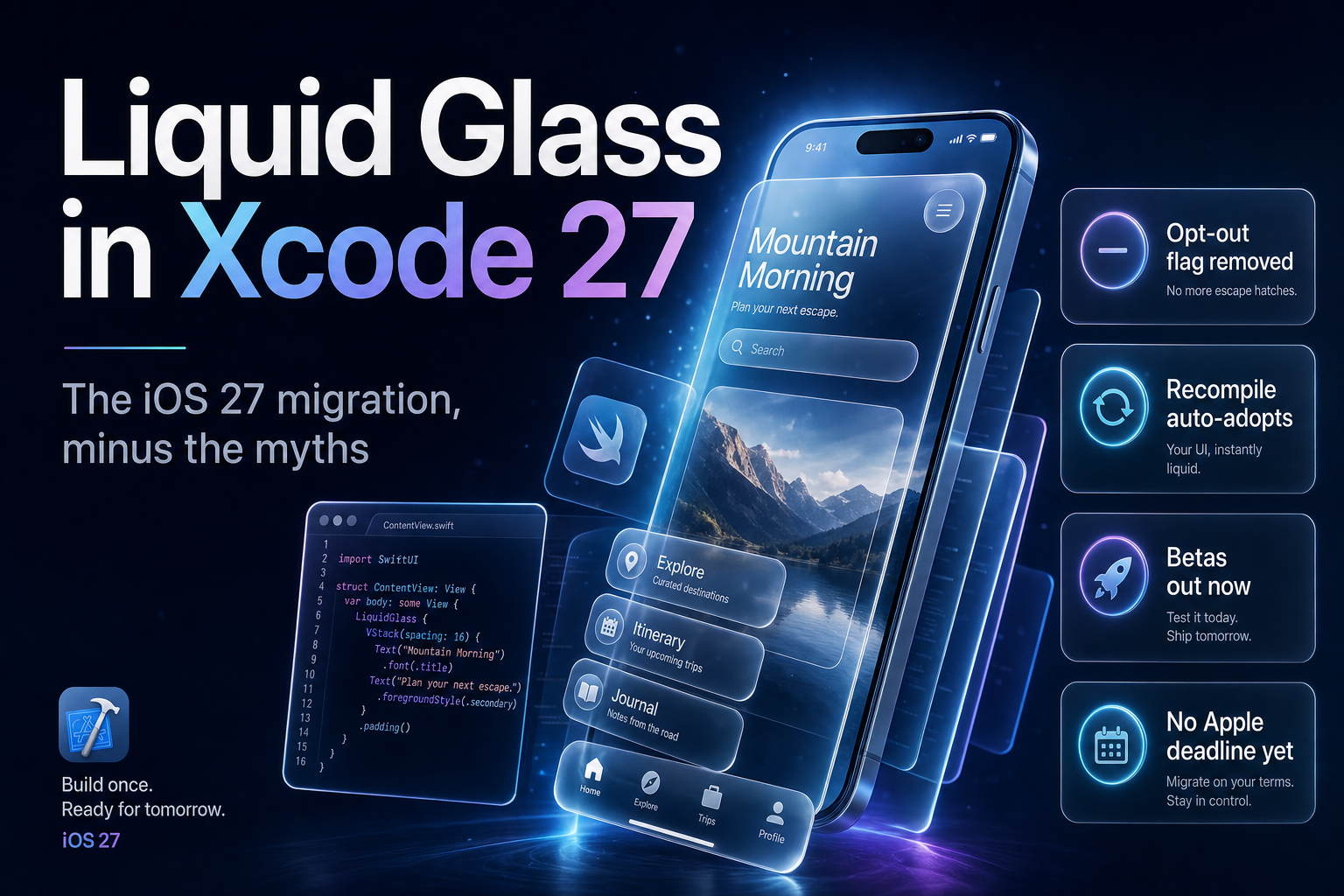 Translucent frosted glass iOS interface panels floating in layers