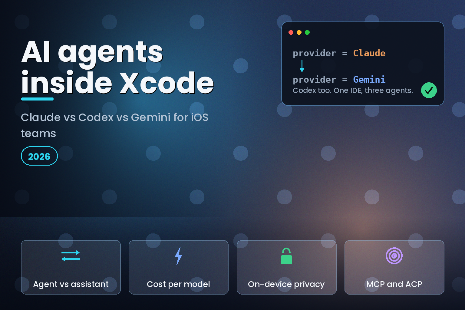 Laptop showing Swift code with three glowing AI coding agents above the keyboard