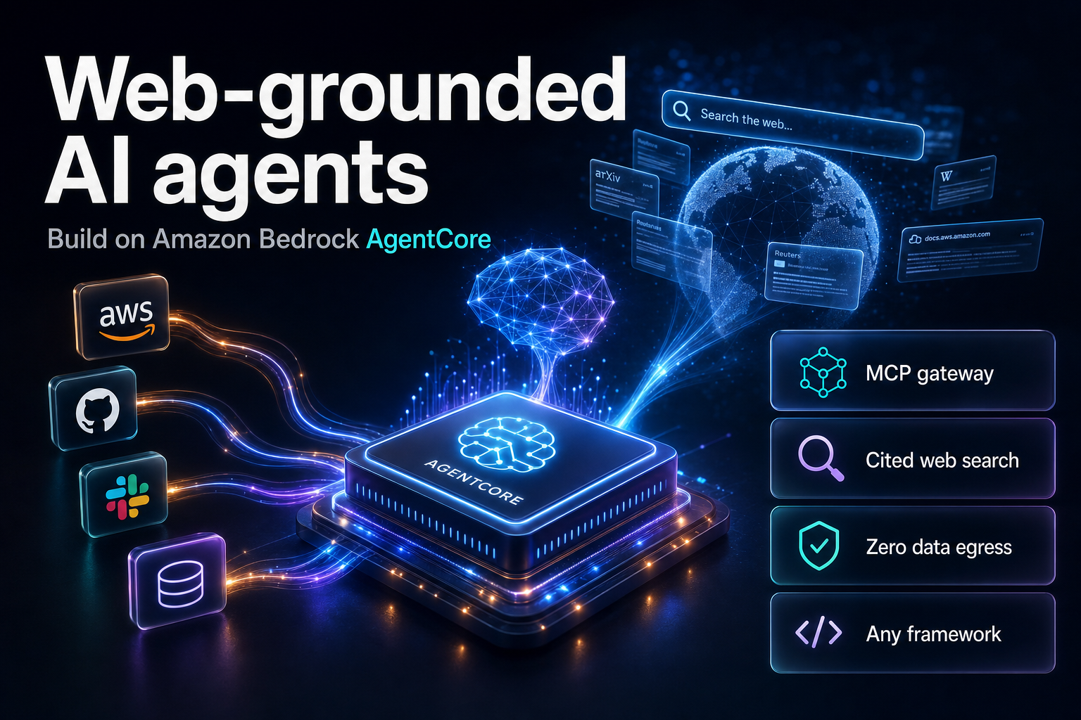 Glowing processor linked by data threads to floating tool panels, representing an AI agent