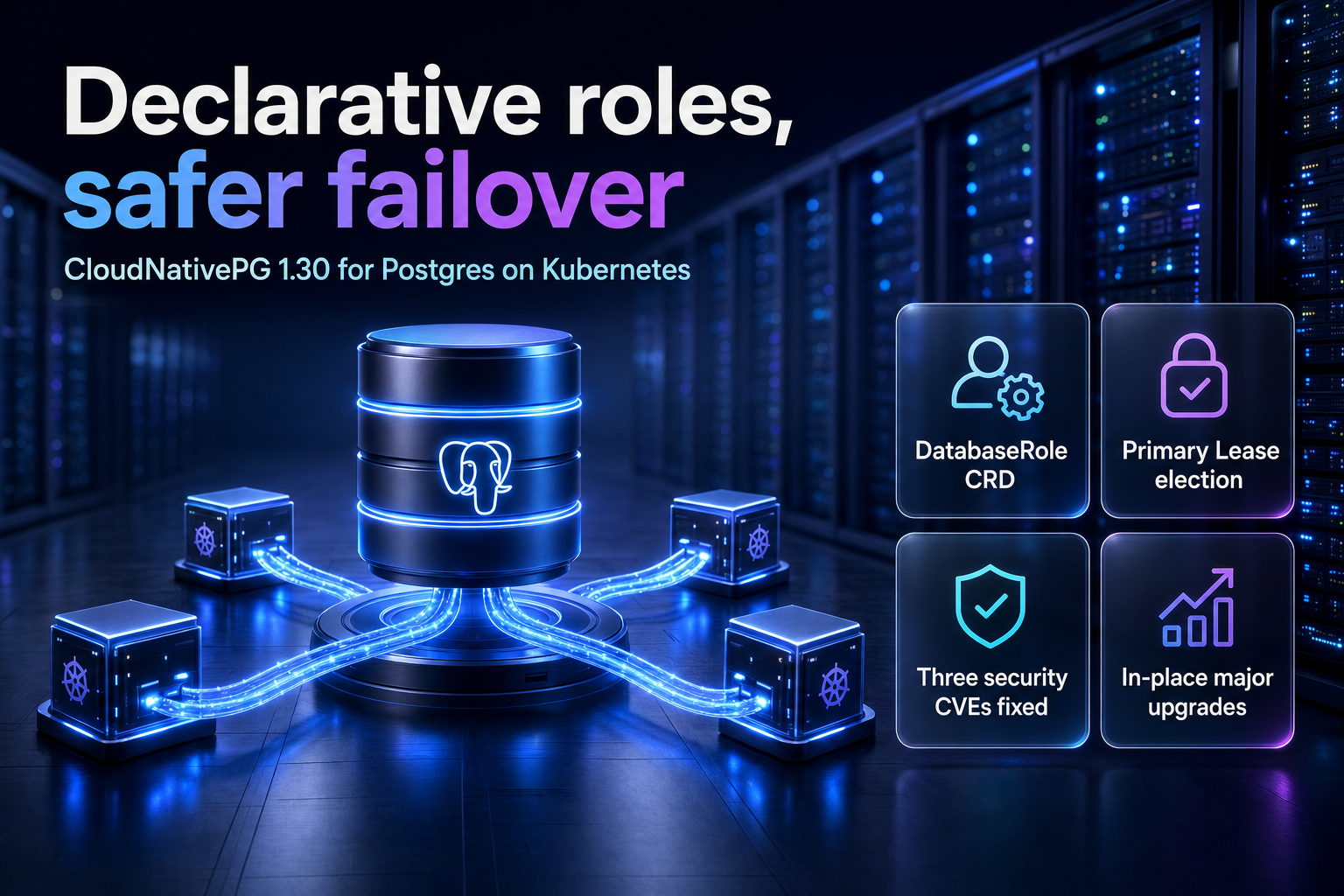 A glowing database cylinder linked to node cubes in a blue data-center corridor