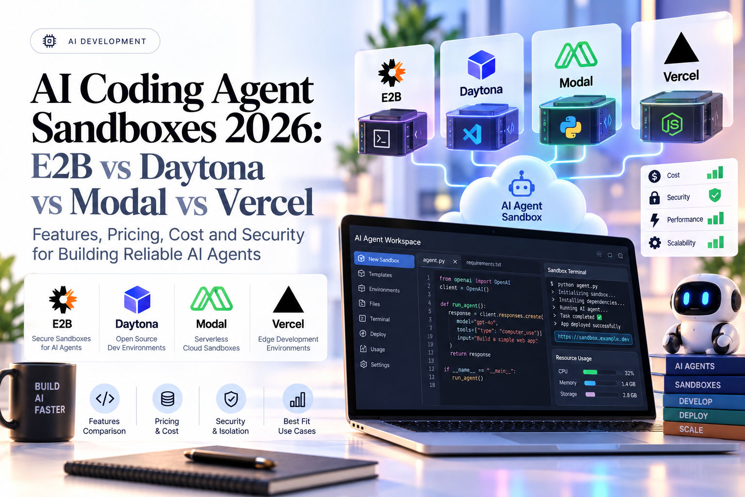 Title card comparing AI coding agent sandboxes from E2B, Daytona, Modal and Vercel beside an agent workspace on a laptop