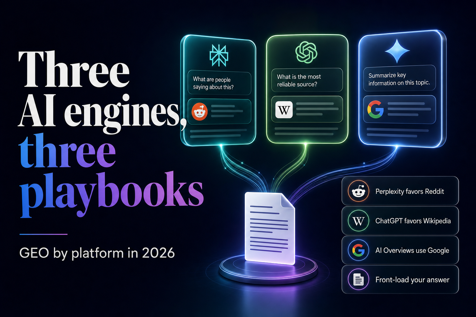 Three glowing AI search panels linked to one central document