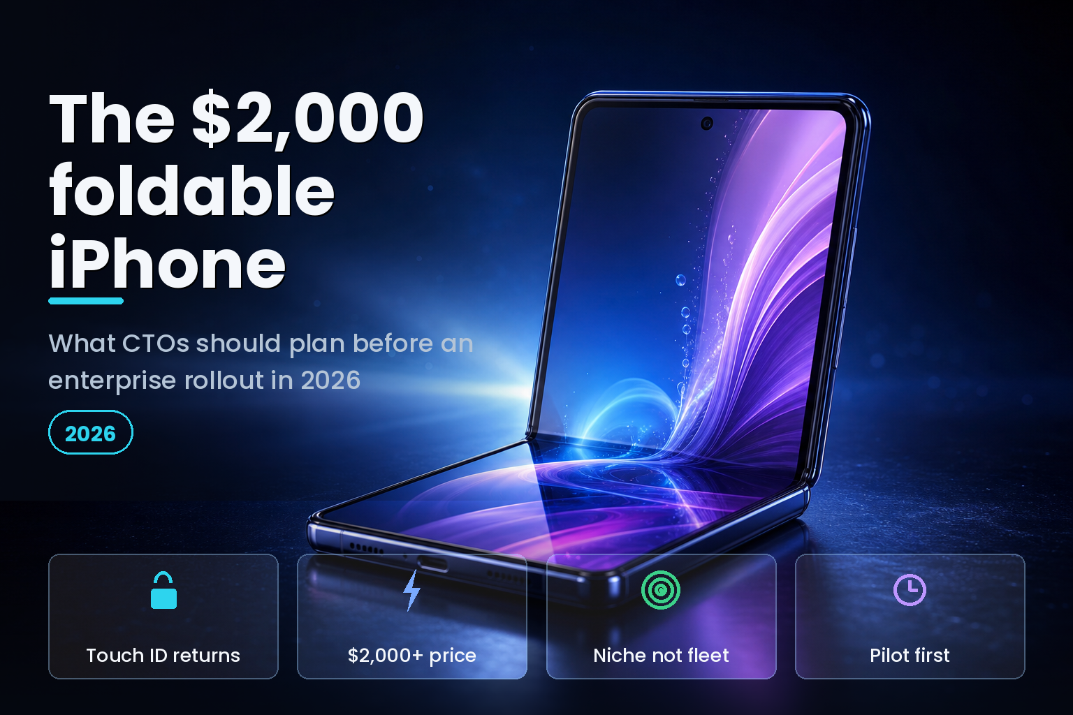 Half-open book-style foldable smartphone glowing on a dark studio surface